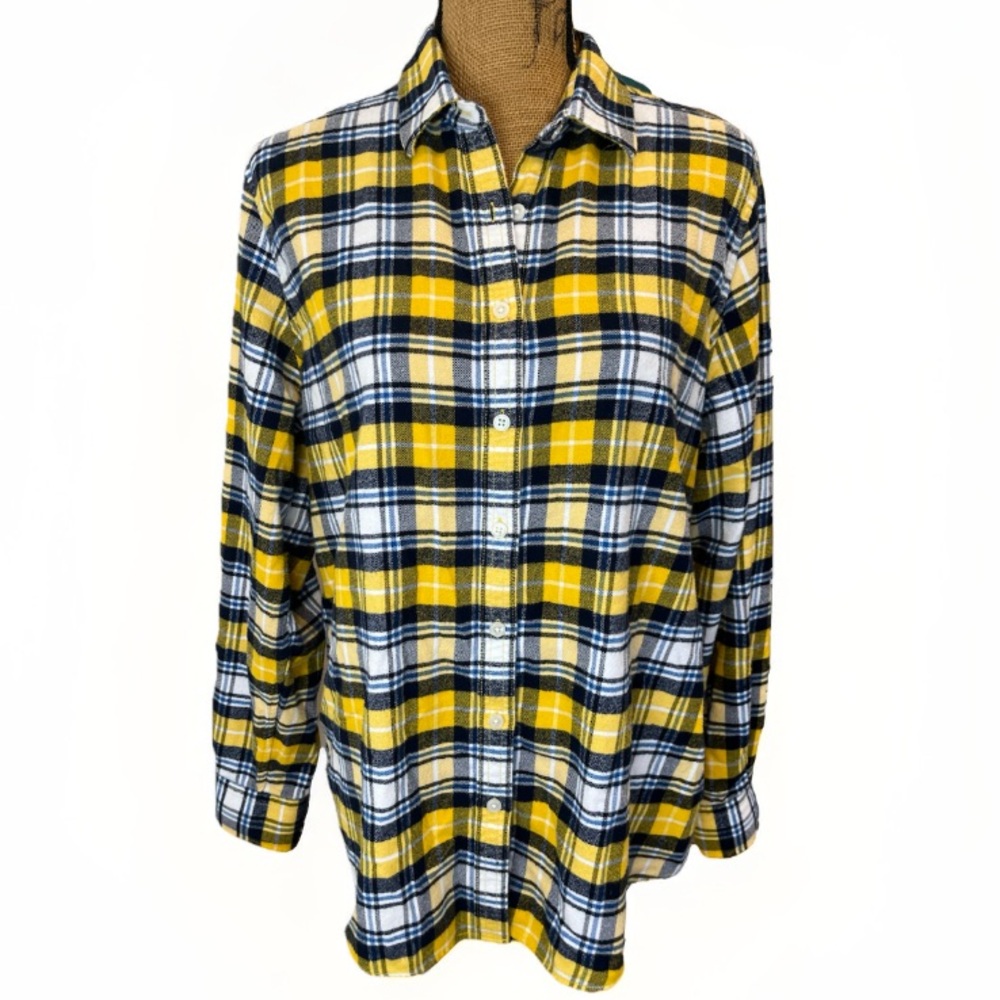 Lands' End 100% Cotton Flannel Button Down Shirt 90s Yellow Plaid Size 16